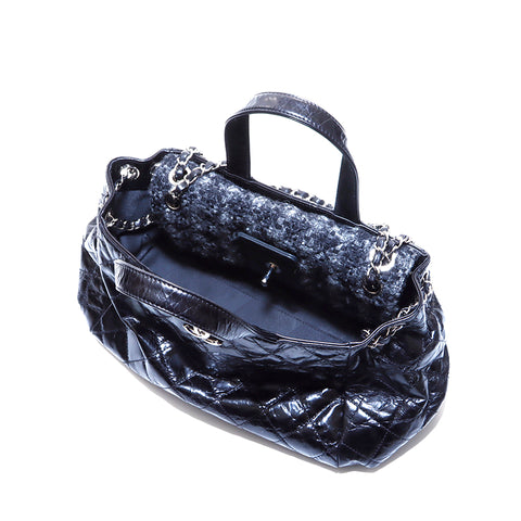 Chanel Polo Bellow Chain Umhängetasche Handtasche Silber Metallarmatur Coco Mark Nr. 12 2008-2009 Tweed Handtasche Schwarz WS4590