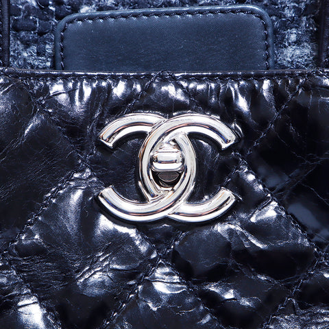 Chanel Polo Bellow Chain Umhängetasche Handtasche Silber Metallarmatur Coco Mark Nr. 12 2008-2009 Tweed Handtasche Schwarz WS4590