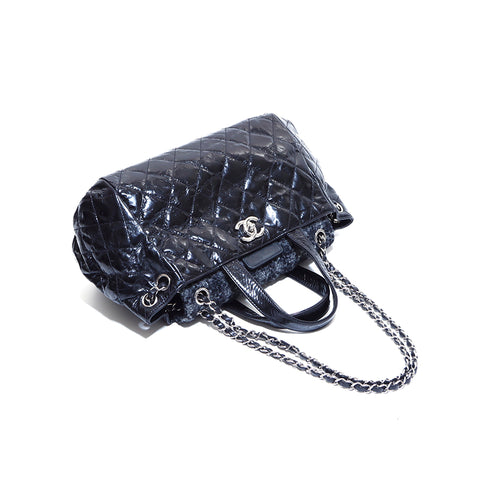 Chanel Polo Bellow Chain Umhängetasche Handtasche Silber Metallarmatur Coco Mark Nr. 12 2008-2009 Tweed Handtasche Schwarz WS4590