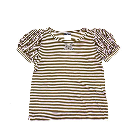 Chanel CHANEL Border Coco Mark Ribbon Short Sleeve T-shirt Cotton Pink x Khaki WS4678