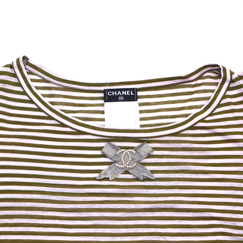 Chanel CHANEL Border Coco Mark Ribbon Short Sleeve T-shirt Cotton Pink x Khaki WS4678