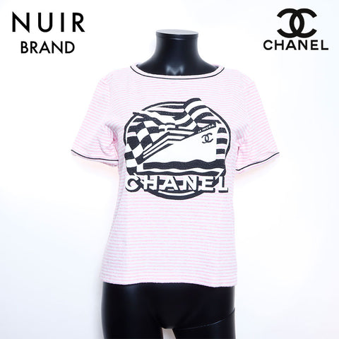 シャネル CHANEL ボーダー ロゴ パイル地 カットソー VINTAGE 中古 定番 ピンク WS4832