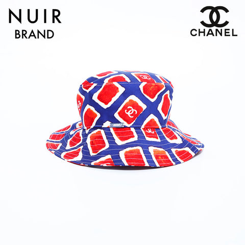 Chanel Coco Mark Hat VINTAGE Used Classic Cotton Red x Blue WS4846