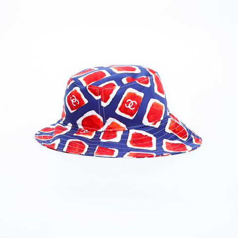 Chanel Coco Mark Hat VINTAGE Used Classic Cotton Red x Blue WS4846