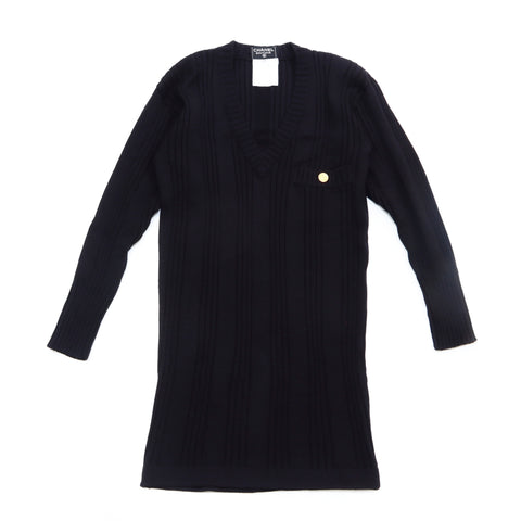 Chanel Coco Mark Button Tricot Taille: 38 Robe Vintage Vintage Utilisé Classic Black WS4870