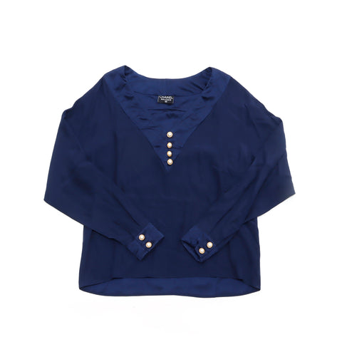 Chanel Pearl Bouton matelassé Blouse vintage Utilisé Classic Navy WS4871