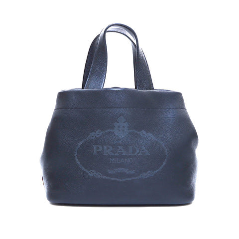 PRADA Logo Leather Tote Handbag Black WS4983