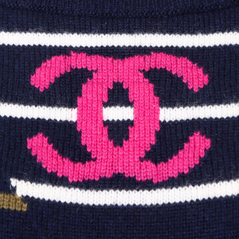 CHANEL COCO Mark border knit cashmere Navy WS5077