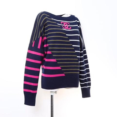 香奈儿可可标记边框针织羊绒海军WS5077