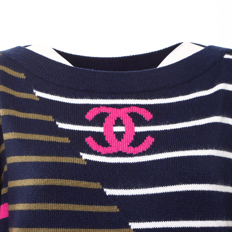 CHANEL COCO Mark border knit cashmere Navy WS5077