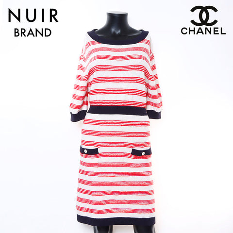 Chanel Size:42 Border knit cashmere dress white red WS5133