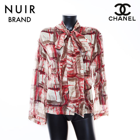 Chanel Size:40 All-over pattern sheer silk long sleeve shirt green red WS5135