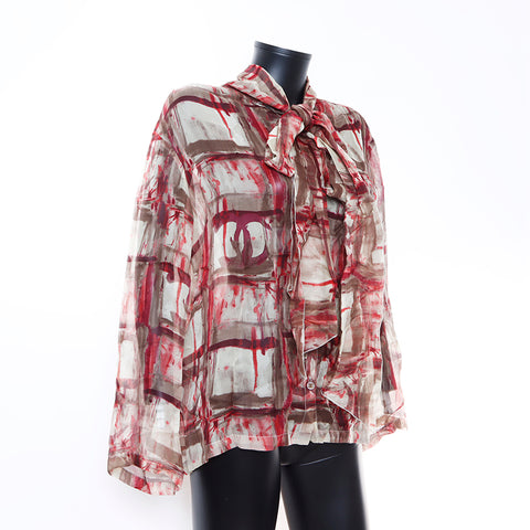Chanel Size:40 All-over pattern sheer silk long sleeve shirt green red WS5135