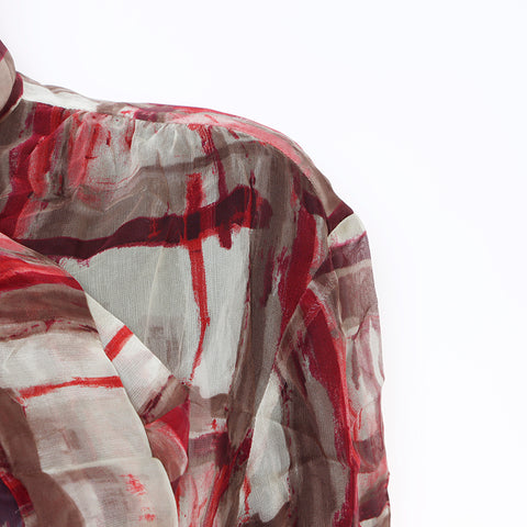 Chanel Size:40 All-over pattern sheer silk long sleeve shirt green red WS5135