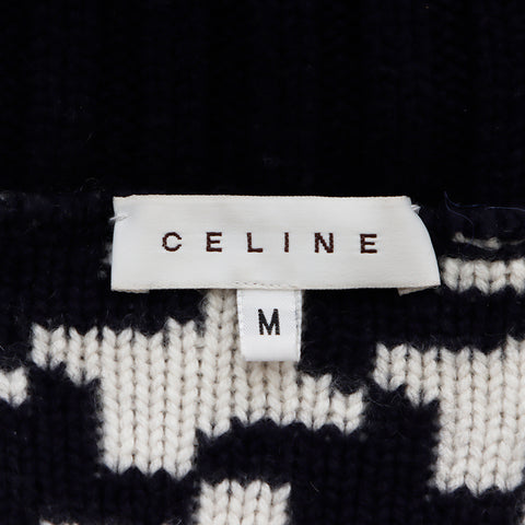 セリーヌ CELINE Size:M 総柄 ハイネック カシミア ニット ネイビー WS5149