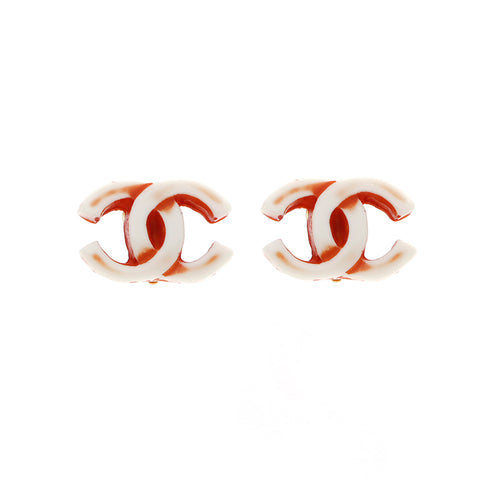 Chanel Coco Mark Earrings White x Brown WS5406