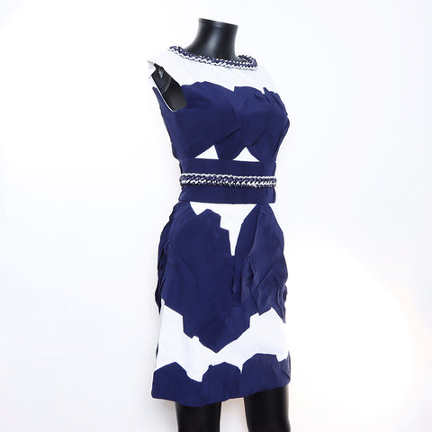 Chanel Coco Mark Ärmeln mit Plastikkette Cotton Seidenkleid Marine x Weiß WS5790
