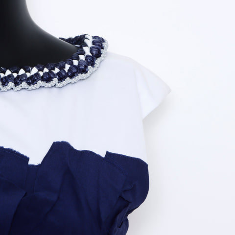 Chanel Coco Mark Ärmeln mit Plastikkette Cotton Seidenkleid Marine x Weiß WS5790