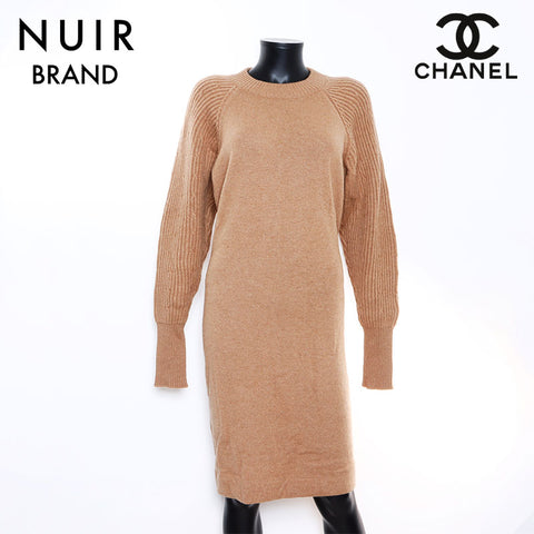 Chanel Long Sleeve Knit Dress Camel Brown WS5793