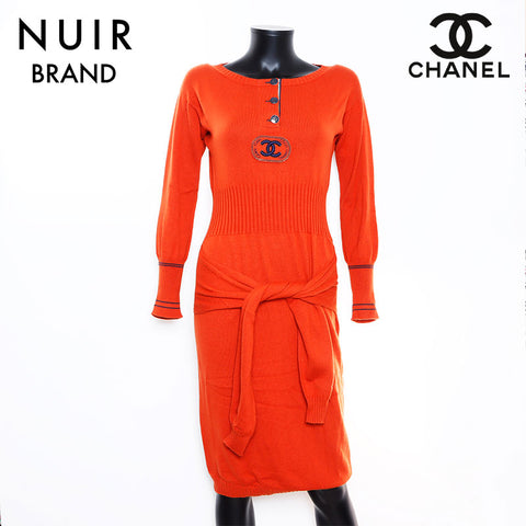 Chanel Coco Mark Long Sleeve Cashmere Blend Dress Brown WS5794