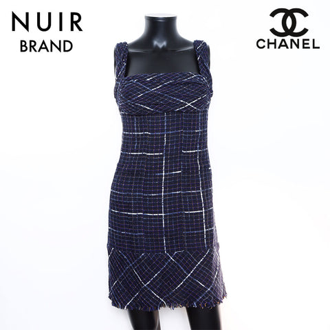 Chanel CHANEL Tweed Sleeveless Dress Navy WS5801