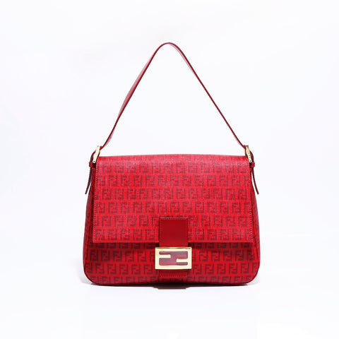 FENDI Zucchino Mamma Bucket Shoulder Bag PVC Red WS5877
