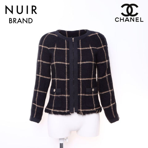 Chanel size34 2000s Tweed检查可可标记按钮夹克夹克夹克花呢黑色WS6044
