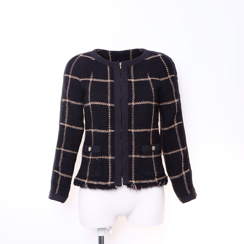 Chanel size34 2000s Tweed检查可可标记按钮夹克夹克夹克花呢黑色WS6044