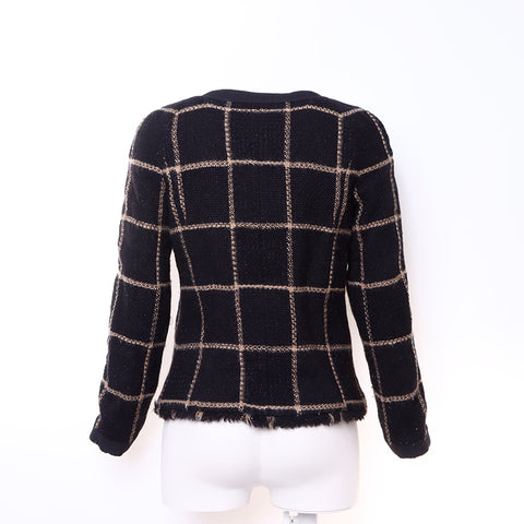Chanel size34 2000s Tweed检查可可标记按钮夹克夹克夹克花呢黑色WS6044