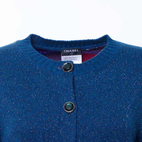 Chanel Gripoi Button Glitter Cardigan Cashmere Blue WS6110