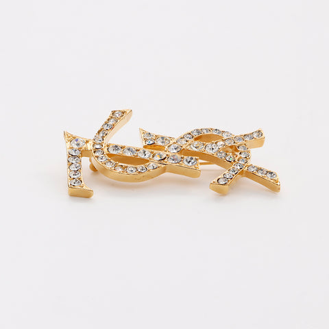YVES SAINT LAURENT YSL logo rhinestone Brooch gold WS6180 – NUIR