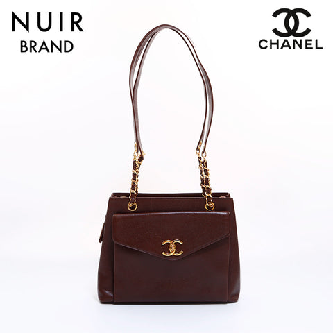 Chanel Coco Mark Caviar Skin Chain Tote Bag Brown WS6254
