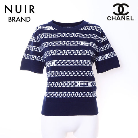 シャネル CHANEL ボーダー 半袖 ニット カシミヤ ネイビー WS6336