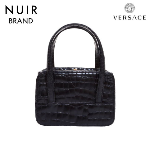 Versace VERSACE Crocodile Embossed Leather Handbag Black WS6527