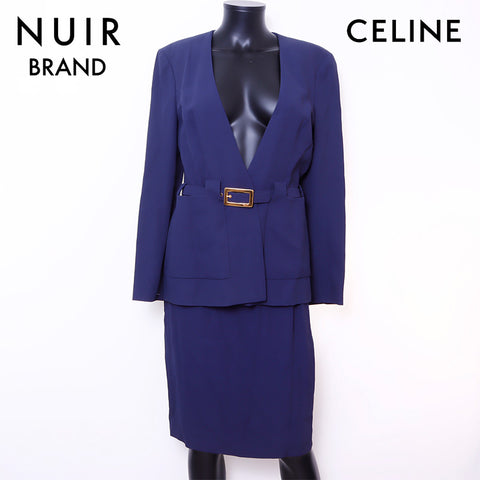 セリーヌ CELINE Size:38ジャケットxスカート トリオンフボタンベルト付き セットアップ ネイビー WS6692