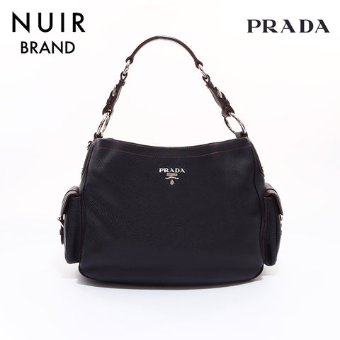PRADA Leather One Shoulder Silver Shoulder Bag Black WS6785
