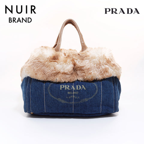 PRADA Canapa Denim Fur Tote Bag Blue WS6794