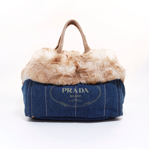 プラダ PRADA カナパ デニム ファー トートバッグ ブルー WS6794