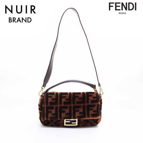 FENDI Zucca Pattern Fur Mamma Bucket Shoulder Bag Brown WS7303