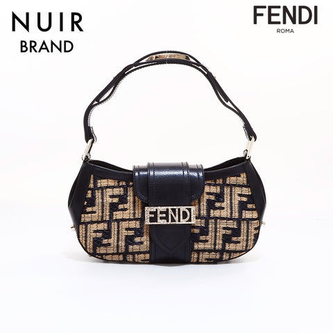 FENDI Zucca Pattern Straw Handbag Black WS7304