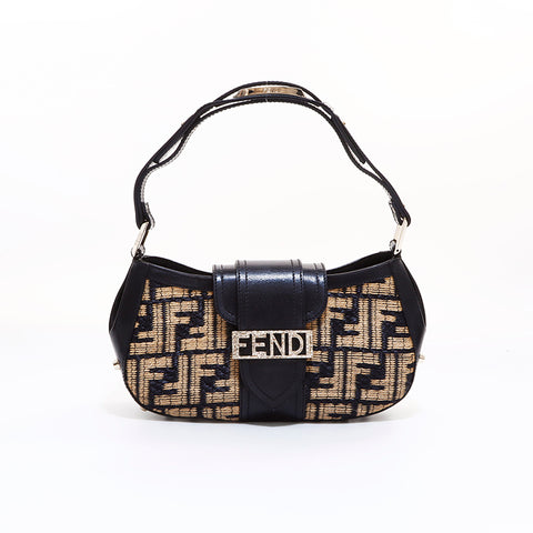 フェンディ FENDI ズッカ柄 ストロー ハンドバッグ ブラック WS7304