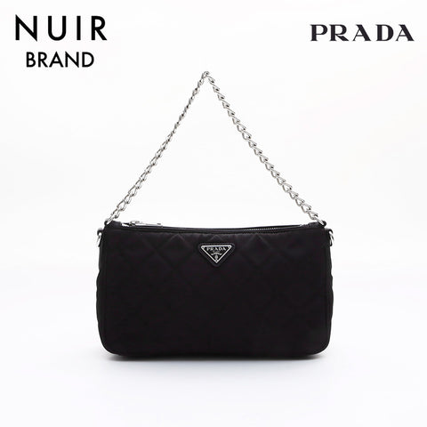 PRADA Chain Silver Fittings Quilted Handbag Black WS7333