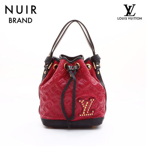 LOUIS VUITTON Monogram Noe Hiver Bucket Bag Studded Handbag Red Black WS7365