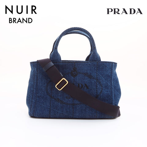 PRADA Denim Canapa 2-way Handbag Navy WS7452