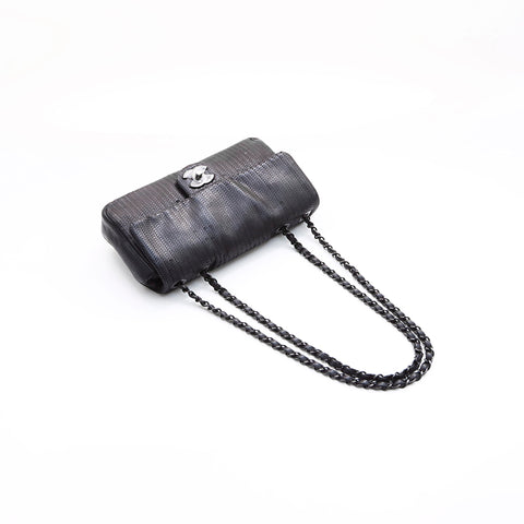 CHANEL 19th Series Double Chain Silver Metal Shoulder Bag schwarz WS7464