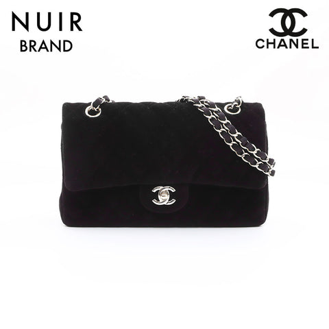 シャネル CHANEL 23番台 ダブルフラップ チェーン ベロア ショルダーバッグ ブラック WS7465