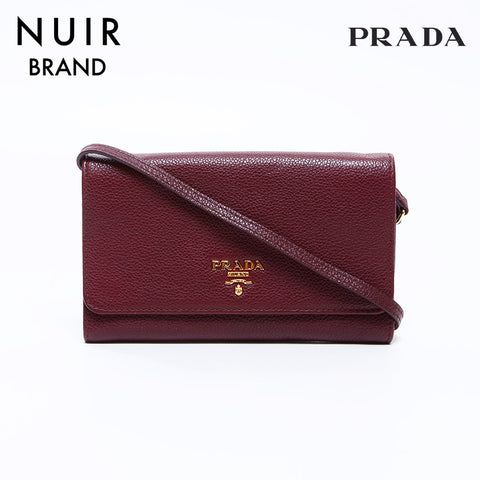 PRADA Wallet Leather Logo Shoulder Bag Burgundy WS7653