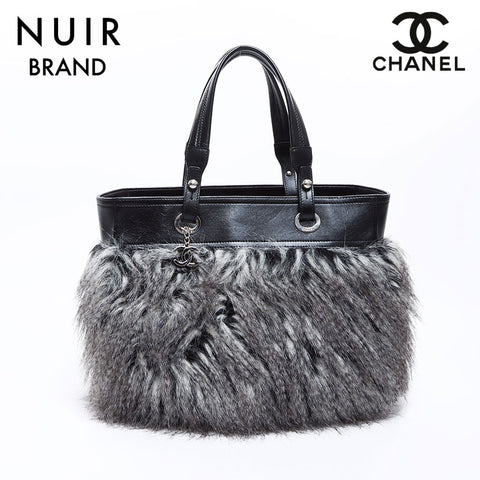 Chanel Coco Mark Fur Paris Biarritz Tote Bag No. 14 Handbag Black Gray WS7667