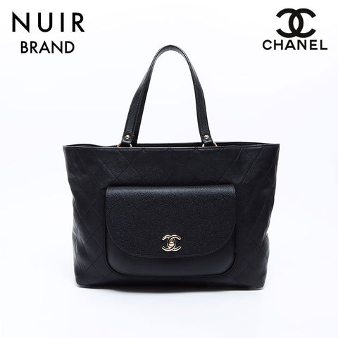 Chanel Coco Mark Caviar Skin Matelasse Tote Unit 24 Handbag Black WS7672