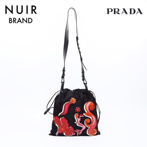 PRADA Flower Shoulder Bag Black WS7679